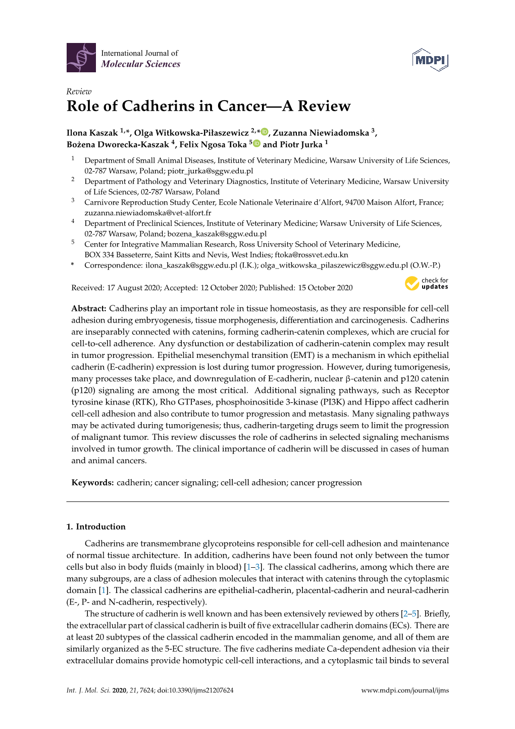 Role of Cadherins in Cancer—A Review