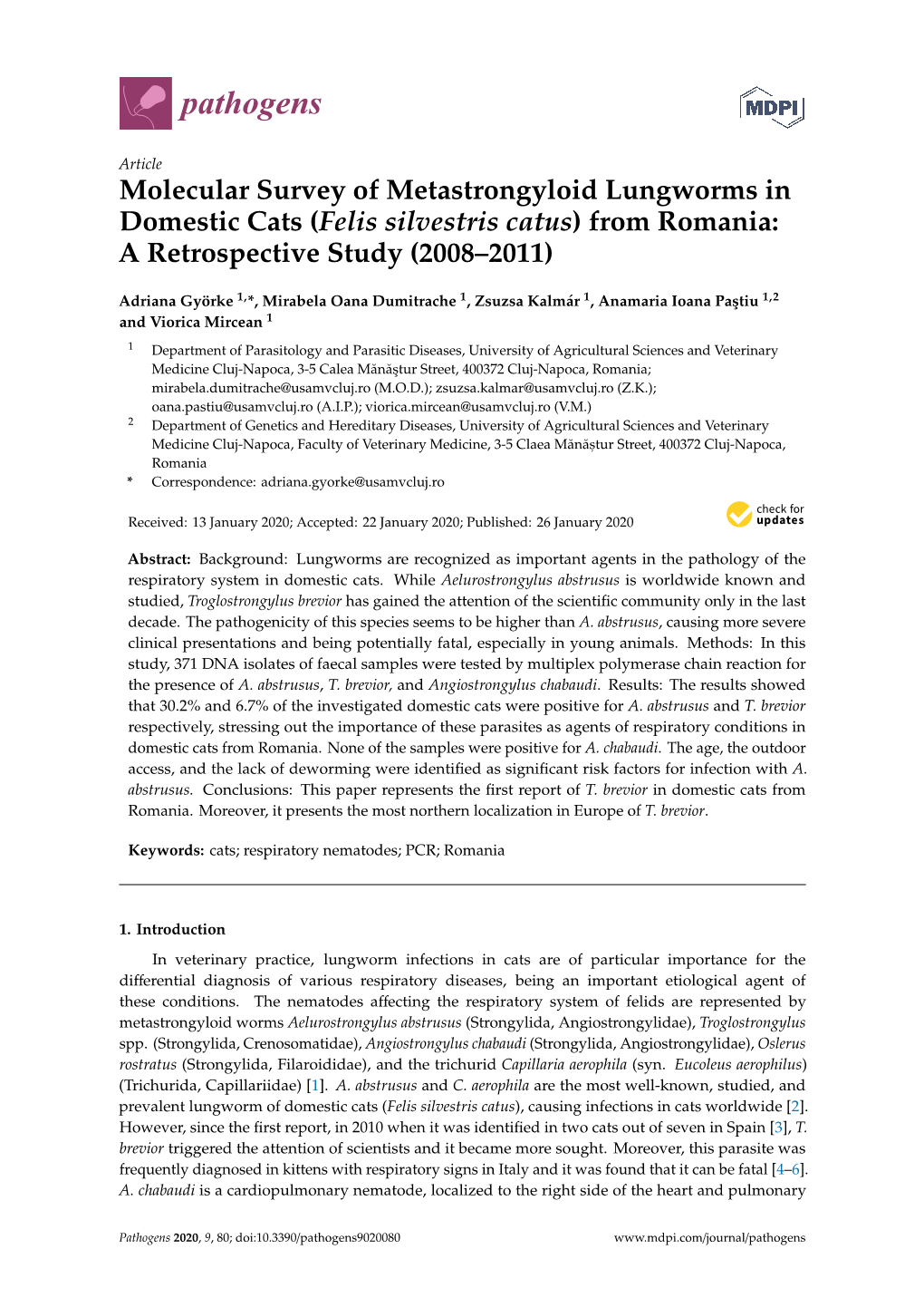 Molecular Survey of Metastrongyloid Lungworms in Domestic Cats (Felis Silvestris Catus) from Romania: a Retrospective Study (2008–2011)