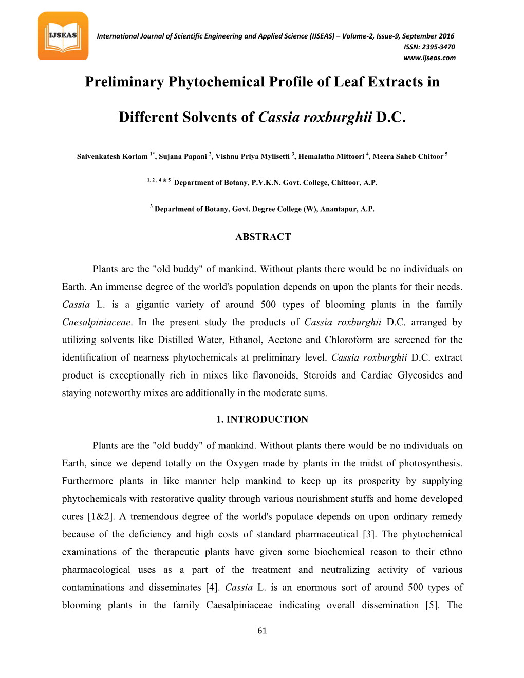 Preliminary Phytochemical Profile of Leaf Extracts in Different Solvents Of