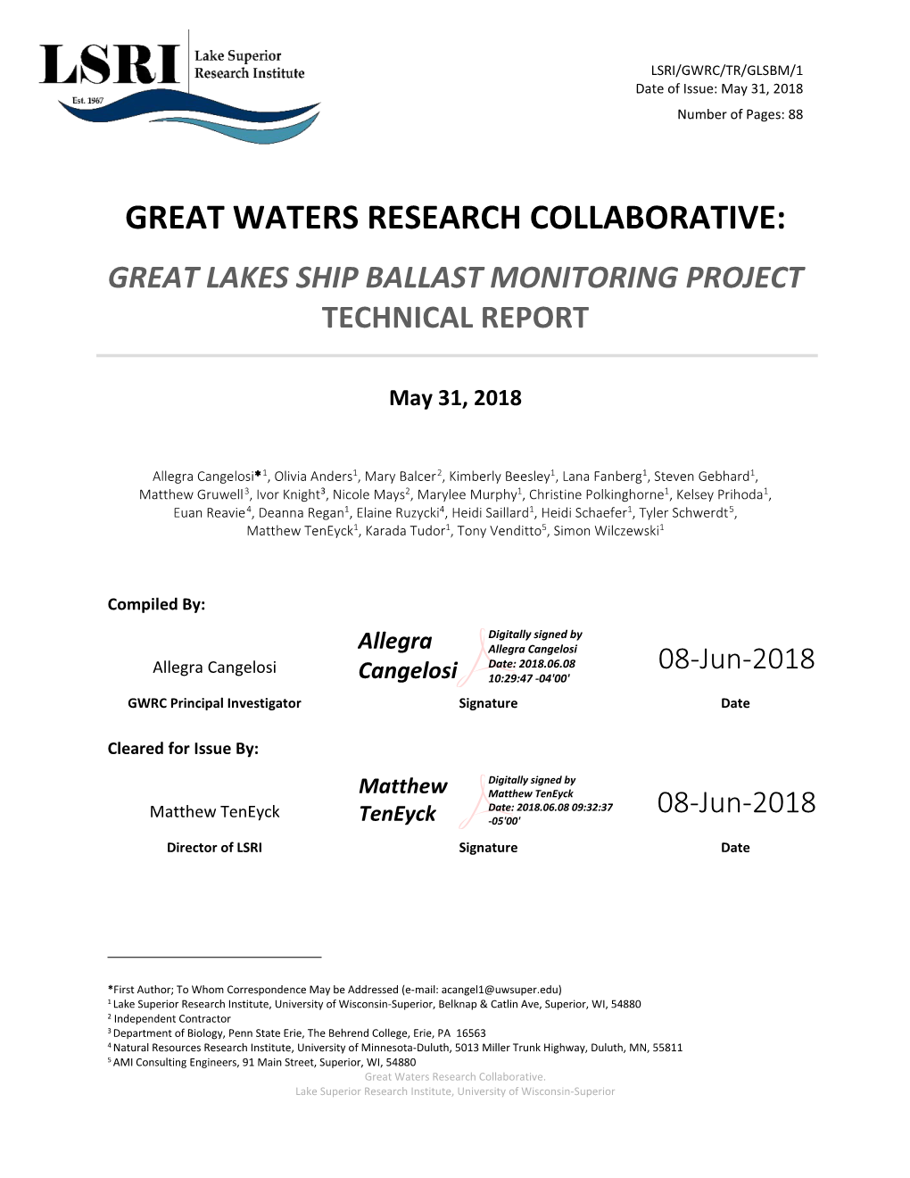 Great Waters Research Collaborative: Great Lakes Ship Ballast Monitoring