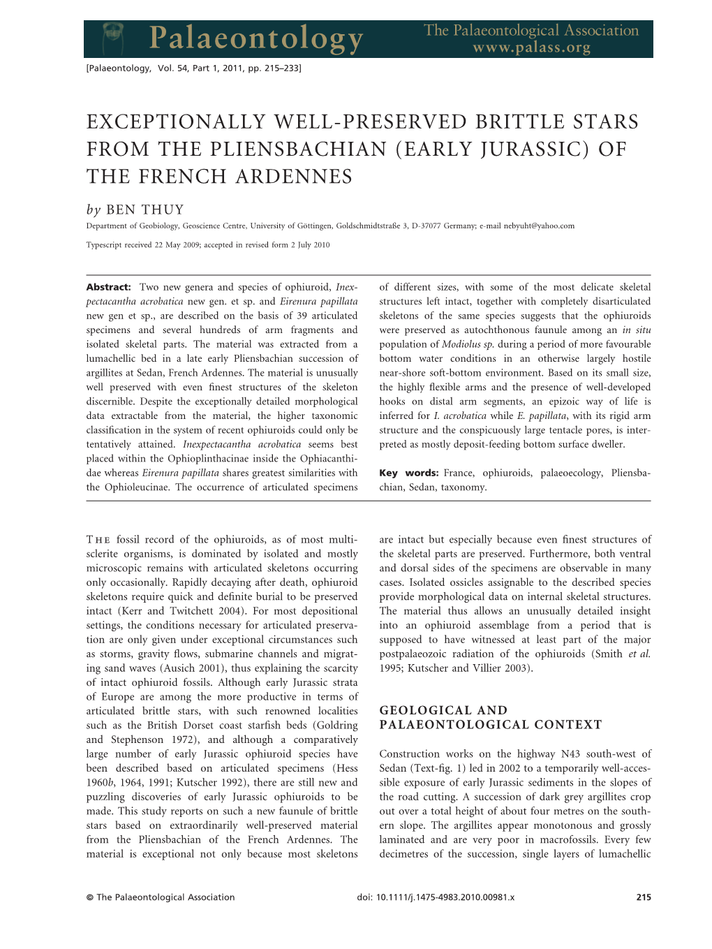 Exceptionally Well-Preserved Brittle Stars from the Pliensbachian