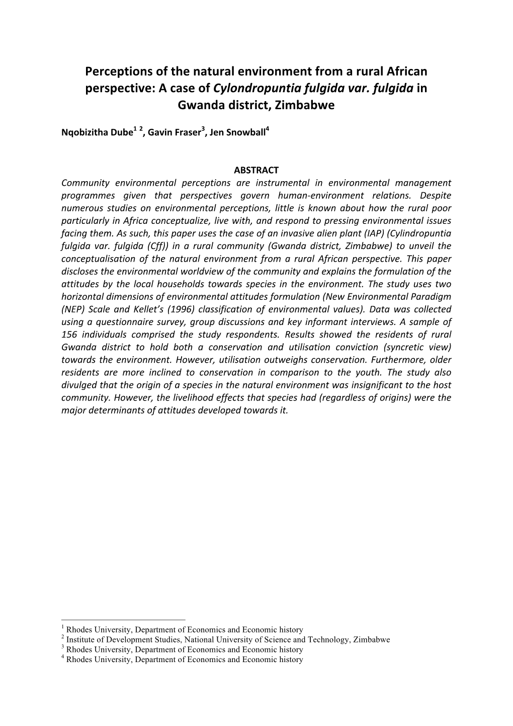 Perceptions of the Natural Environment from a Rural African Perspective: a Case of Cylondropuntia Fulgida Var