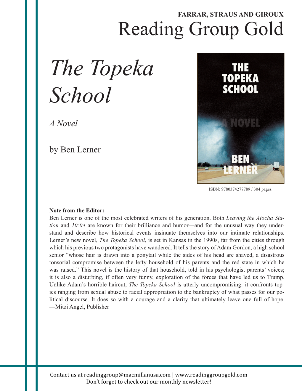 The Topeka School a Novel by Ben Lerner