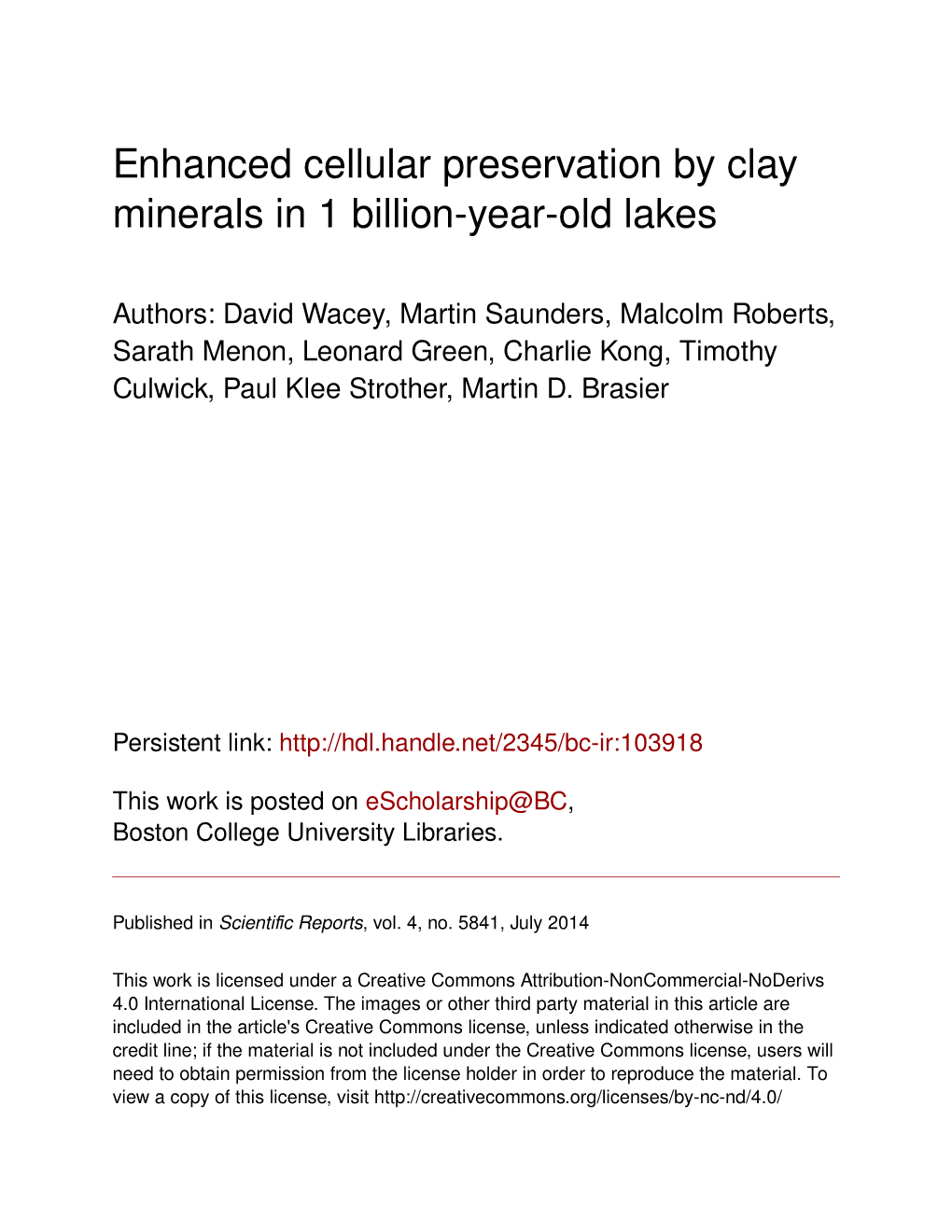 Enhanced Cellular Preservation by Clay Minerals in 1 Billion-Year-Old Lakes