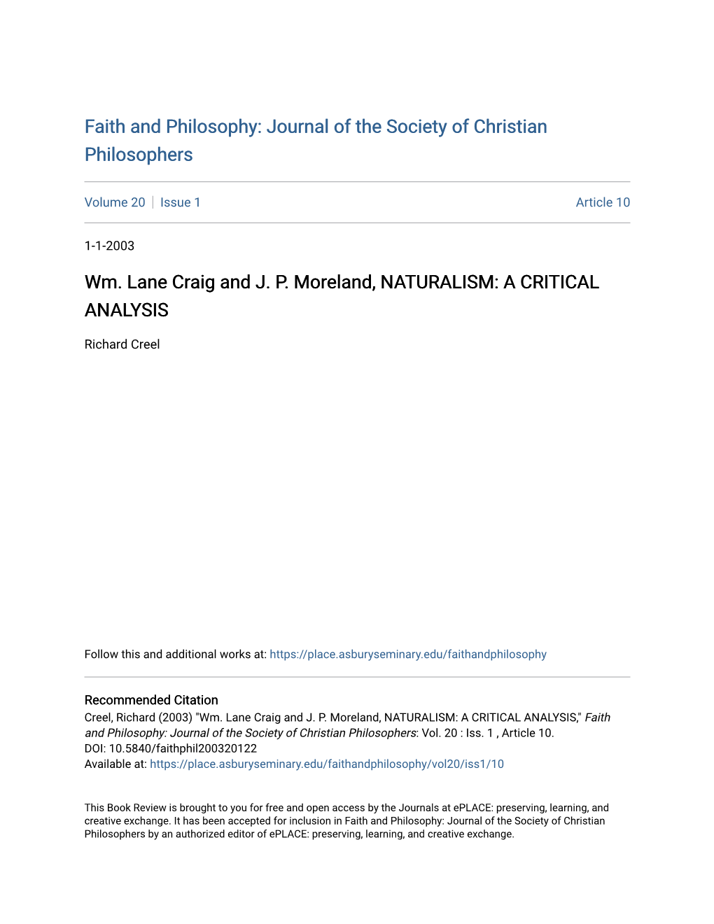 Wm. Lane Craig and J. P. Moreland, NATURALISM: a CRITICAL ANALYSIS