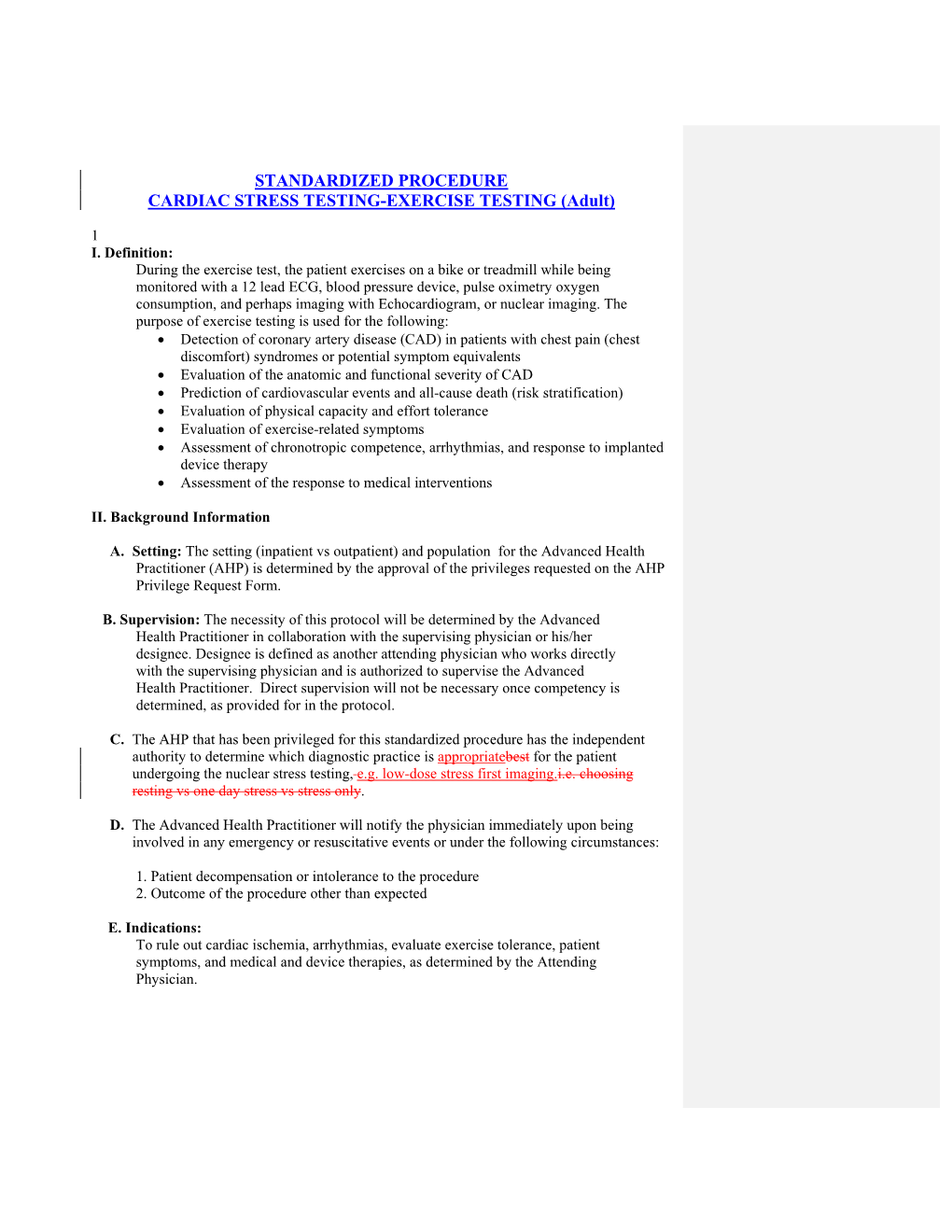 STANDARDIZED PROCEDURE CARDIAC STRESS TESTING-EXERCISE TESTING (Adult)