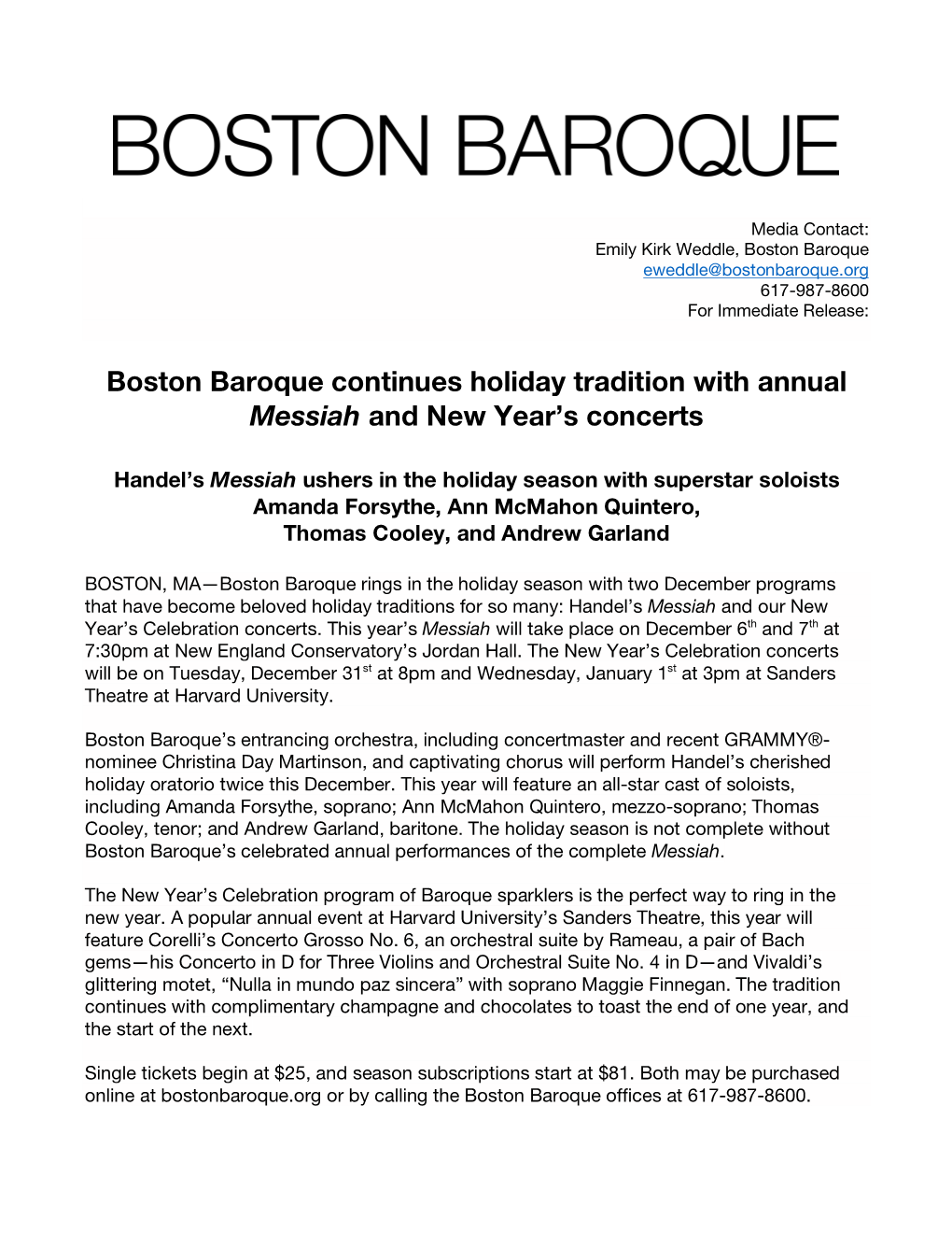 Boston Baroque Continues Holiday Tradition with Annual Messiah and New Year’S Concerts