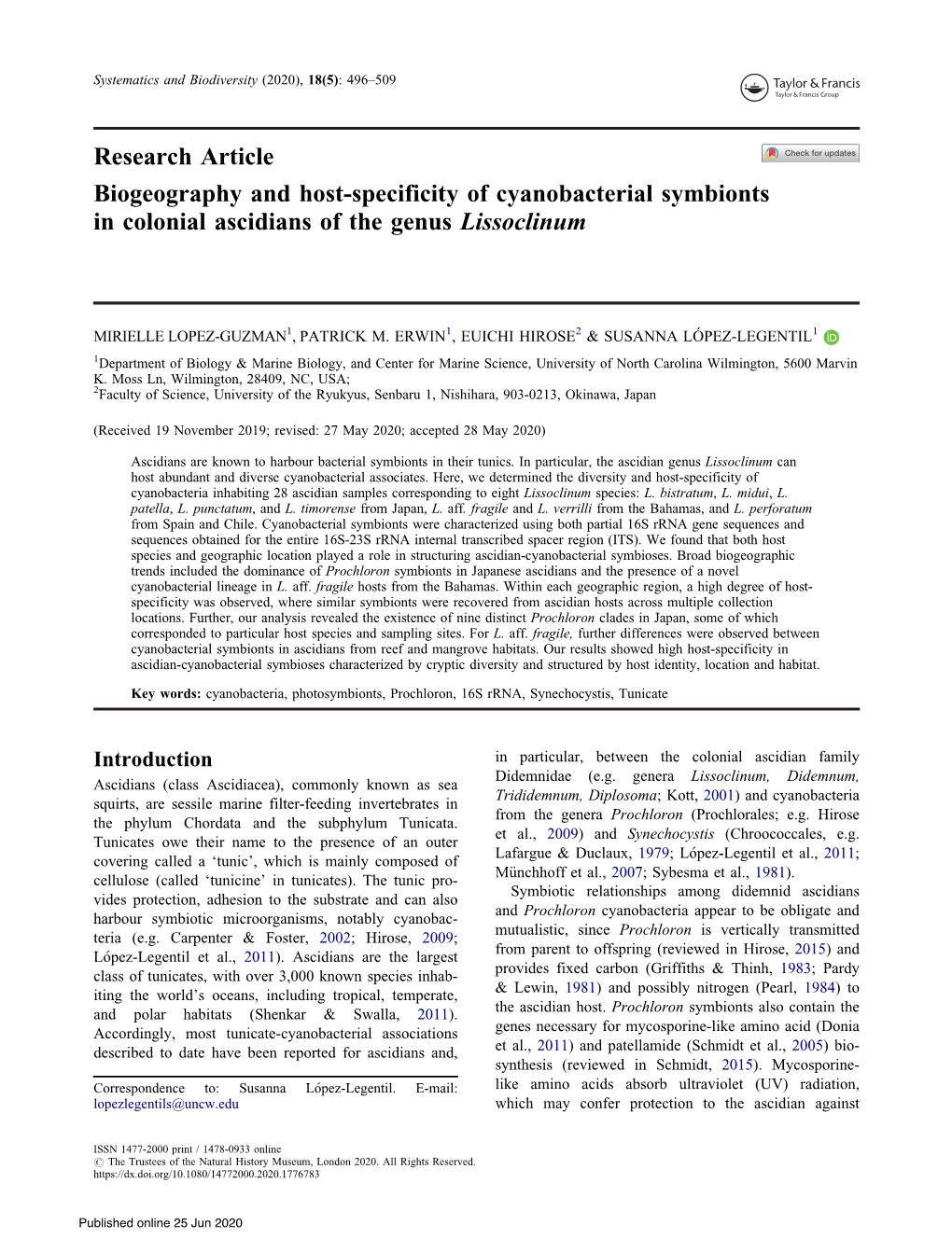 Research Article Biogeography and Host-Specificity of Cyanobacterial Symbionts in Colonial Ascidians of the Genus Lissoclinum