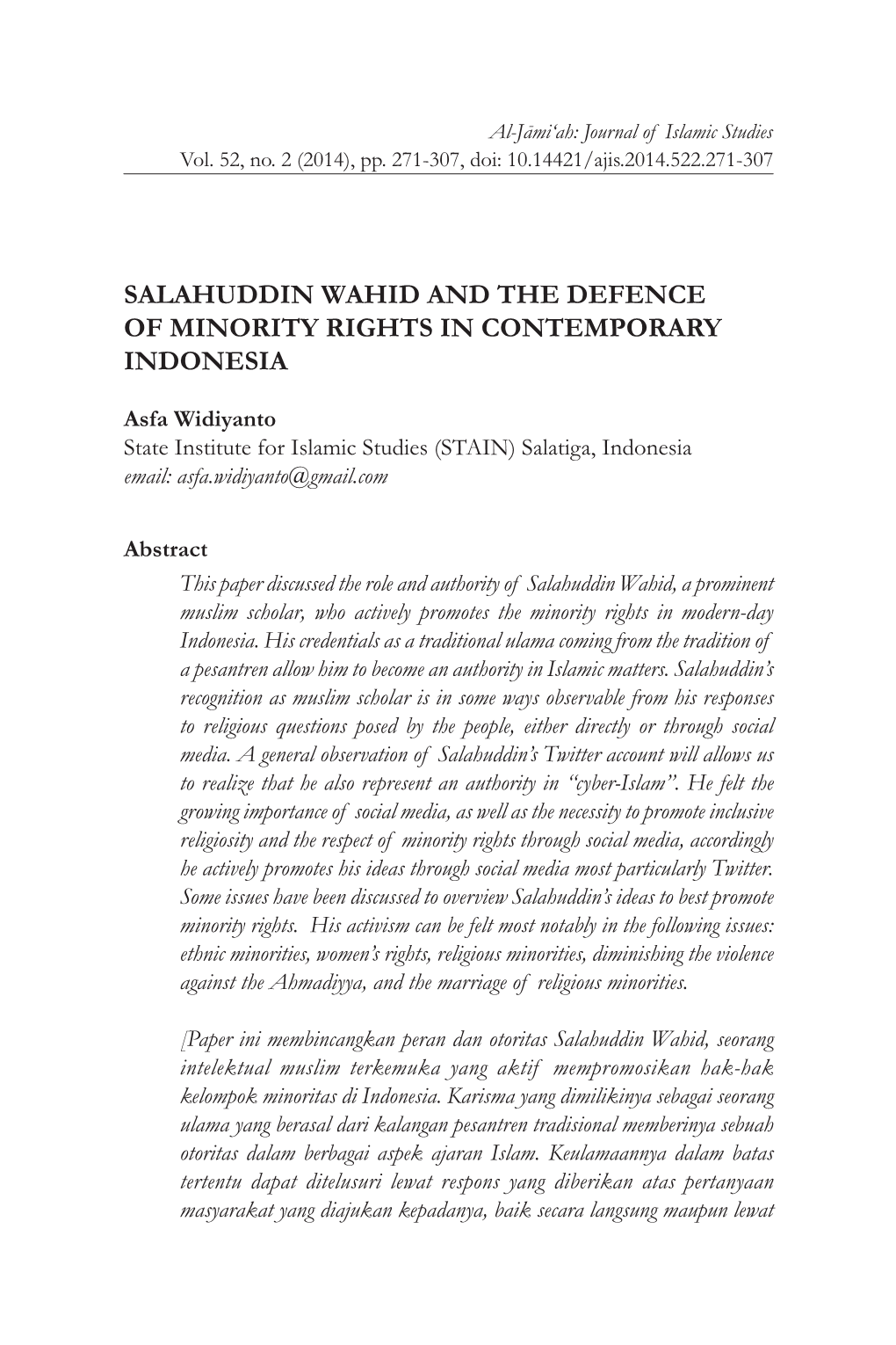 Salahuddin Wahid and the Defence of Minority Rights in Contemporary Indonesia