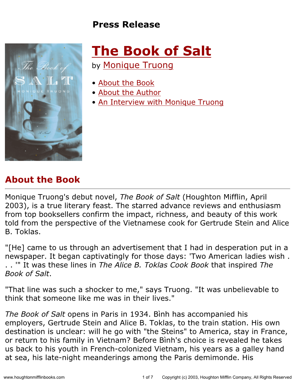 Press Release for the Book of Salt Published by Houghton Mifflin Company