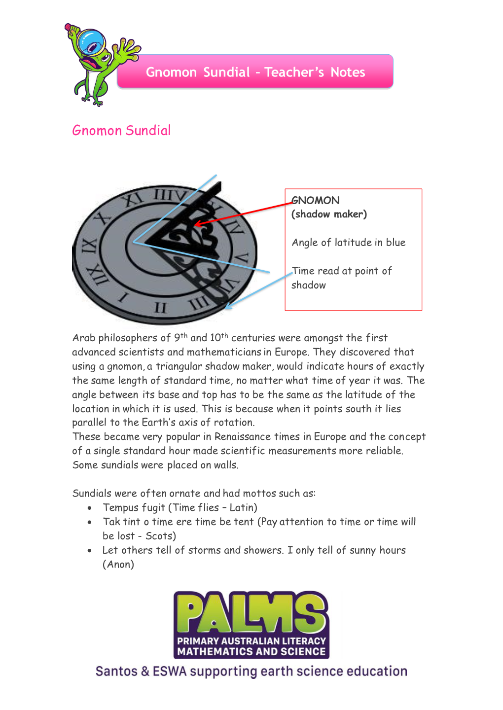 Teacher's Notes Gnomon Sundial