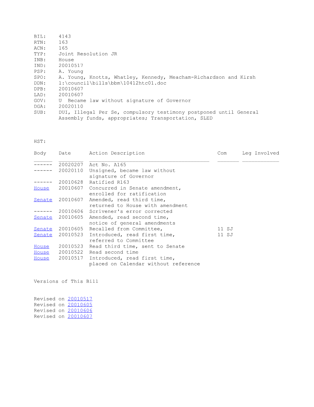 2001-2002 Bill 4143: DUI, Illegal Per Se, Compulsory Testimony Postponed Until General