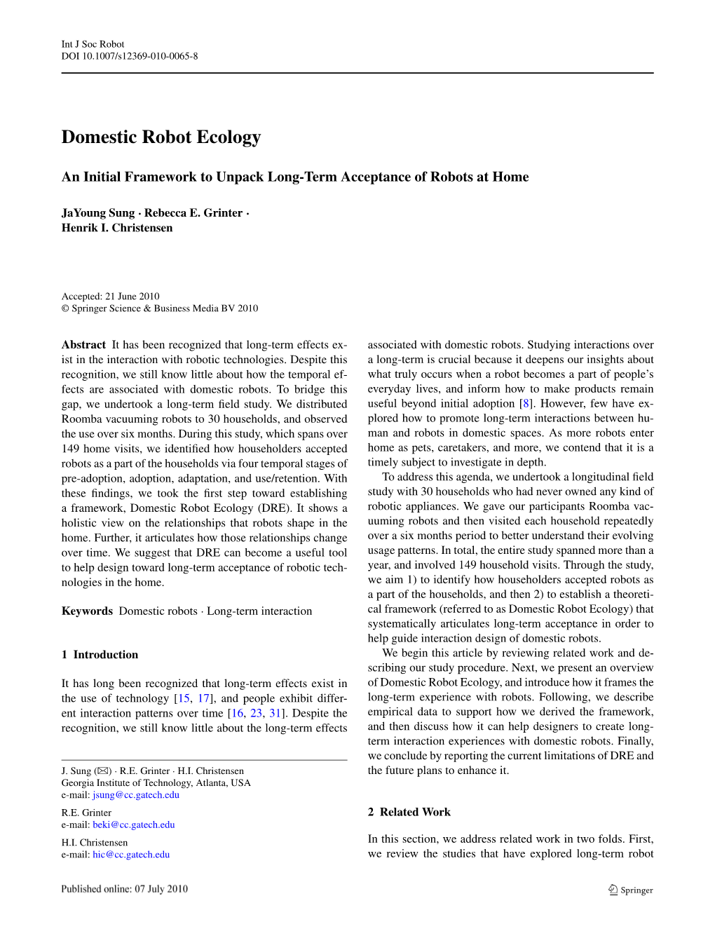 Domestic Robot Ecology