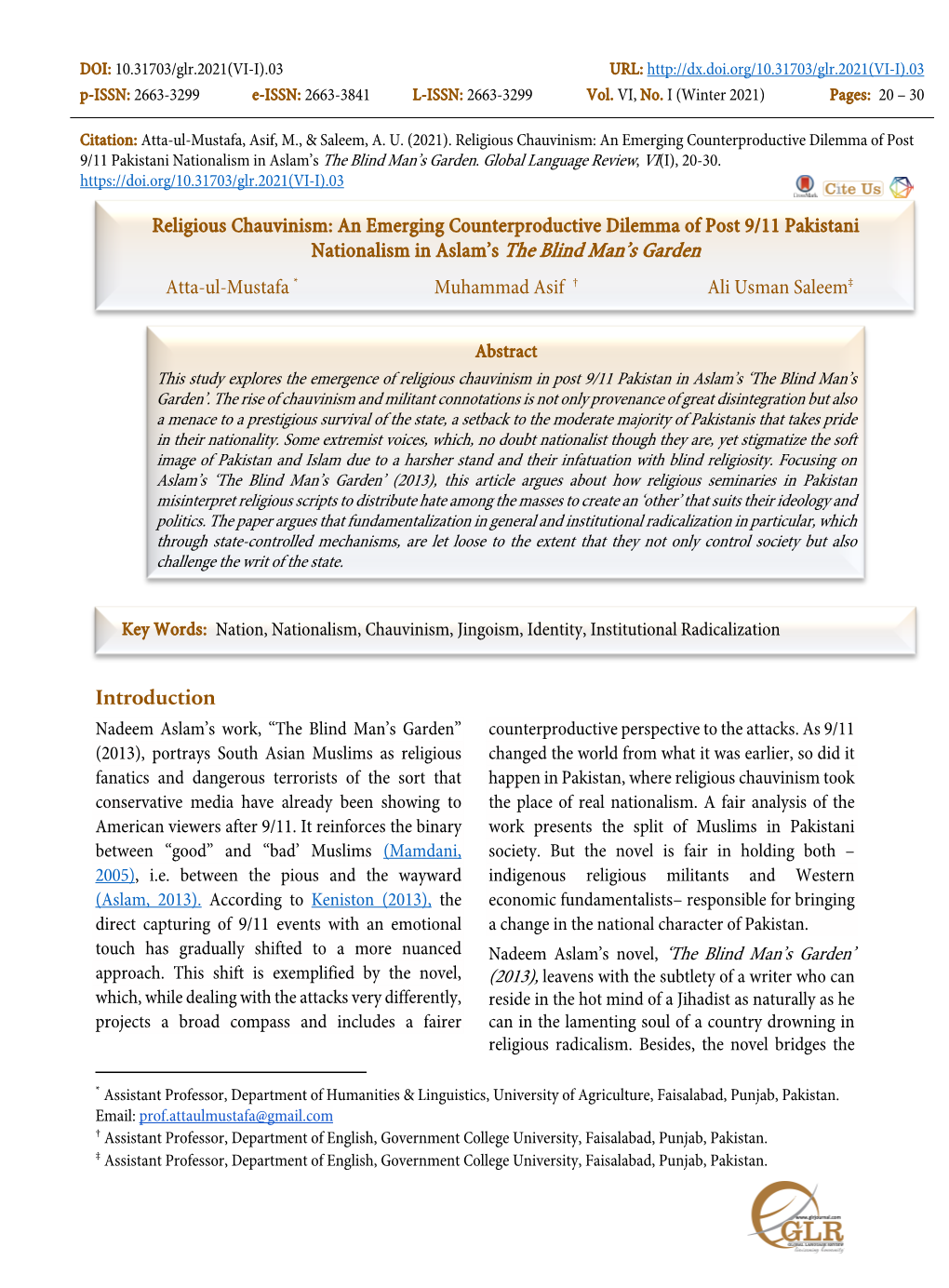 Religious Chauvinism: an Emerging Counterproductive Dilemma of Post 9/11 Pakistani Nationalism in Aslam’S the Blind Man’S Garden