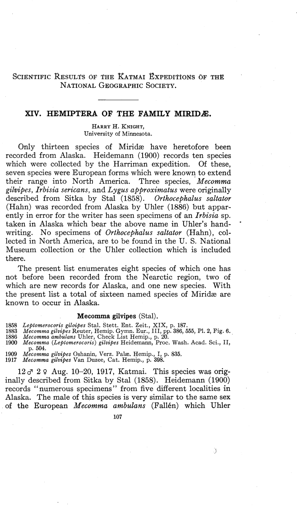 Hemiptera of the Family Miridae (Part XIV of Series)