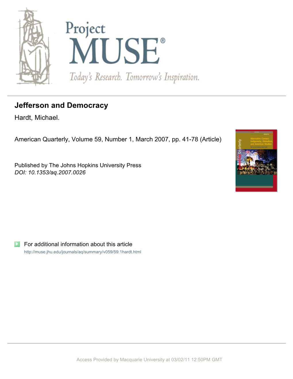 Jefferson and Democracy Hardt, Michael