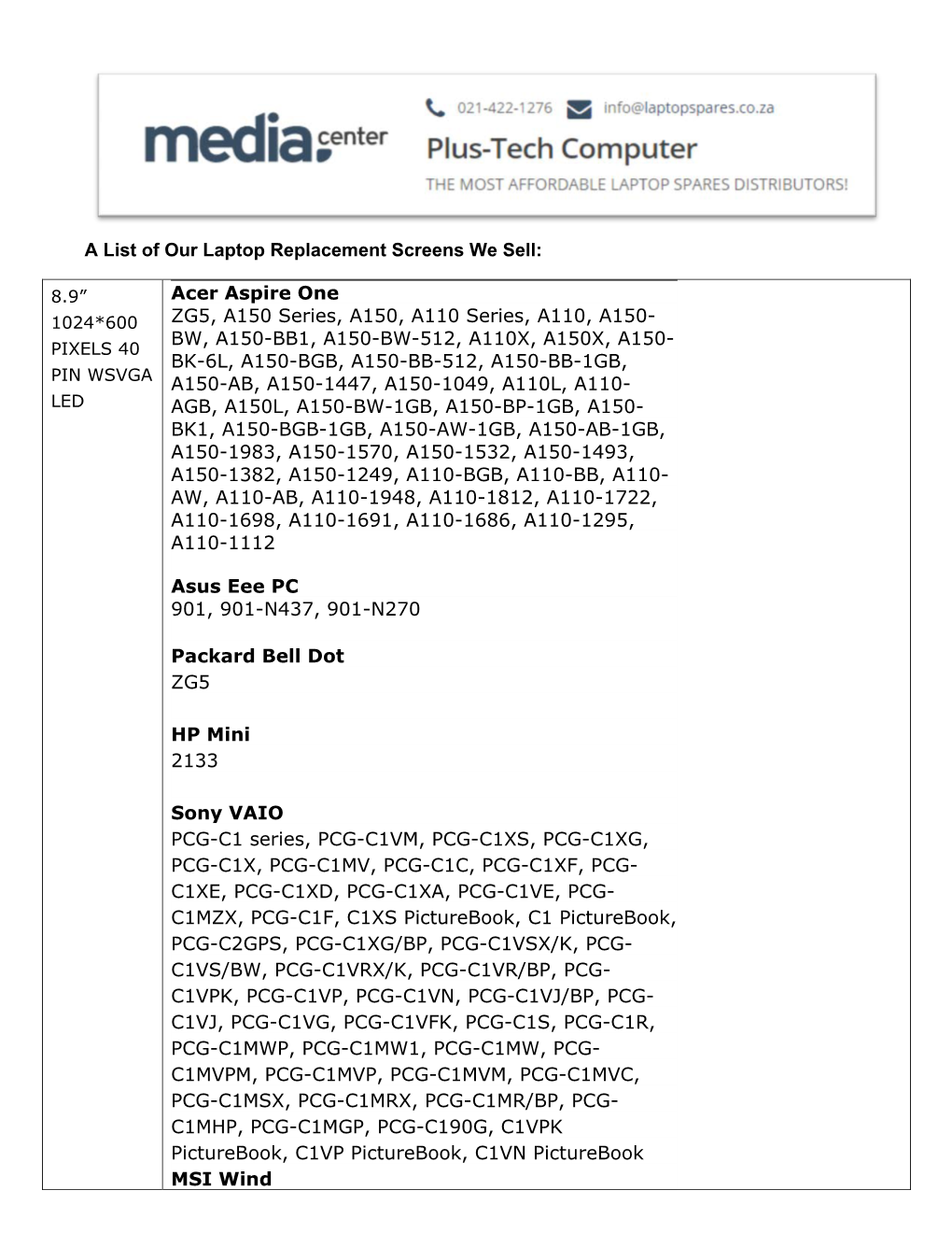 A List of Our Laptop Replacement Screens We Sell: Acer Aspire One