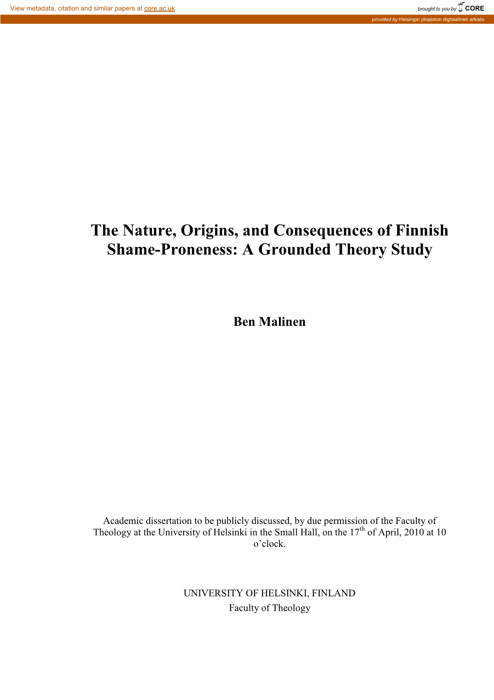 The Nature, Origins, and Consequences of Finnish Shame-Proneness: a Grounded Theory Study