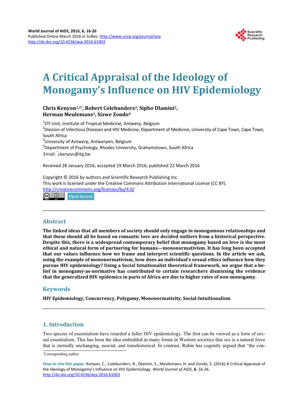 A Critical Appraisal of the Ideology of Monogamy's Influence on HIV