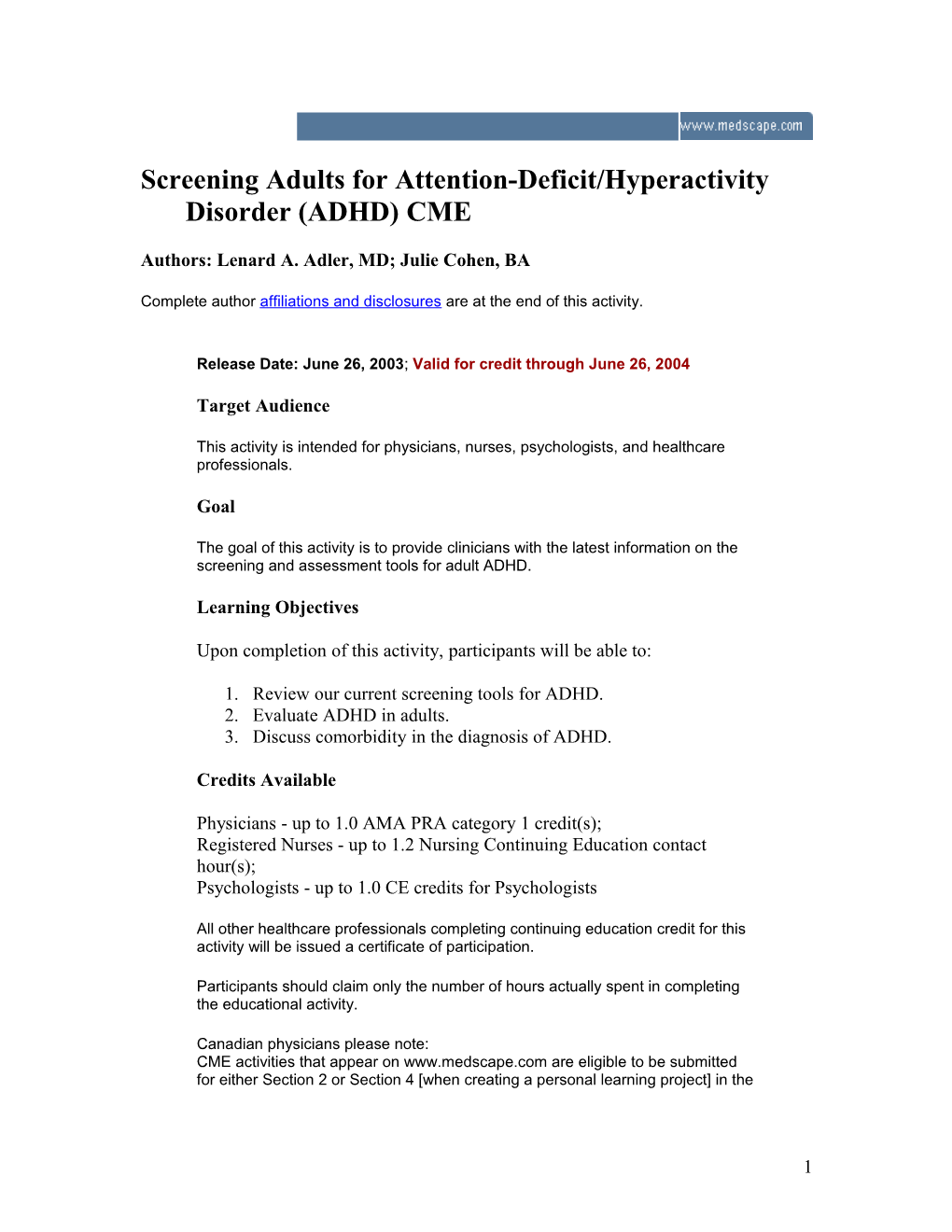 Screening Adults for Attention-Deficit/Hyperactivity Disorder (ADHD) CME