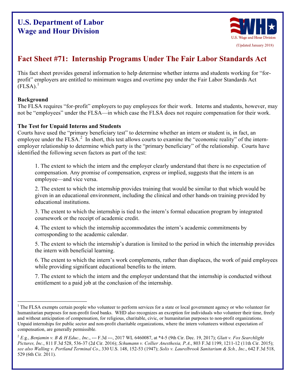 Fact Sheet #71 Internship Programs Under the Fair Labor Standards