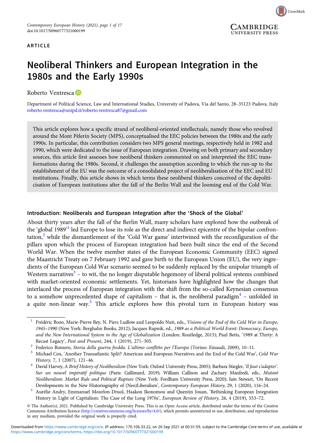 Neoliberal Thinkers and European Integration in the 1980S and the Early 1990S