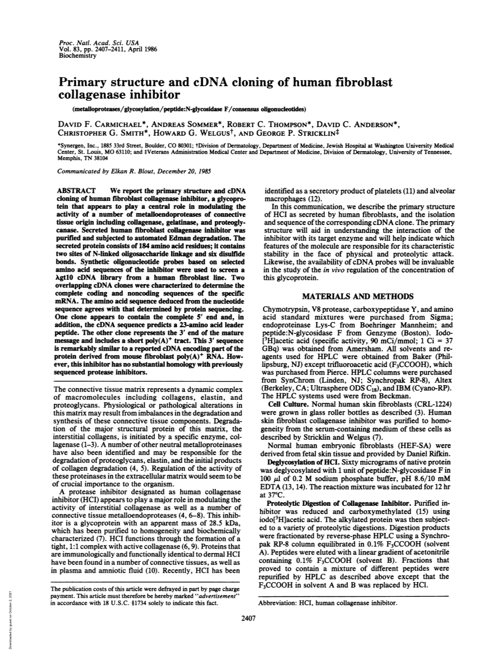 Collagenase Inhibitor (Metalloproteases/Glycosylation/Peptide:N-Glycosidase F/Consensus Oligonudeotides) DAVID F