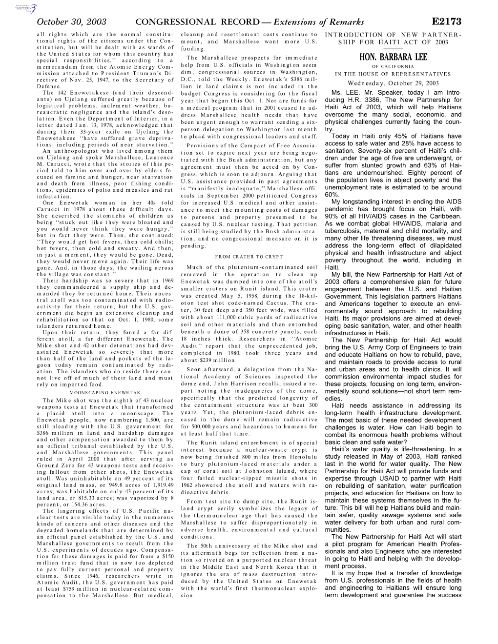 CONGRESSIONAL RECORD— Extensions of Remarks E2173 HON
