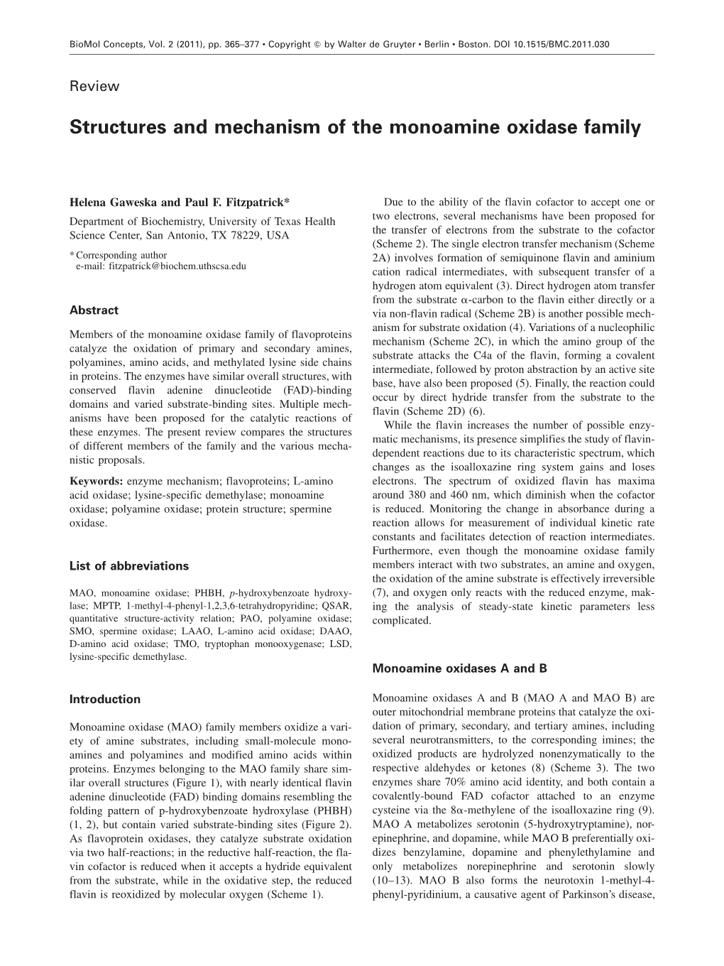 Structures and Mechanism of the Monoamine Oxidase Family