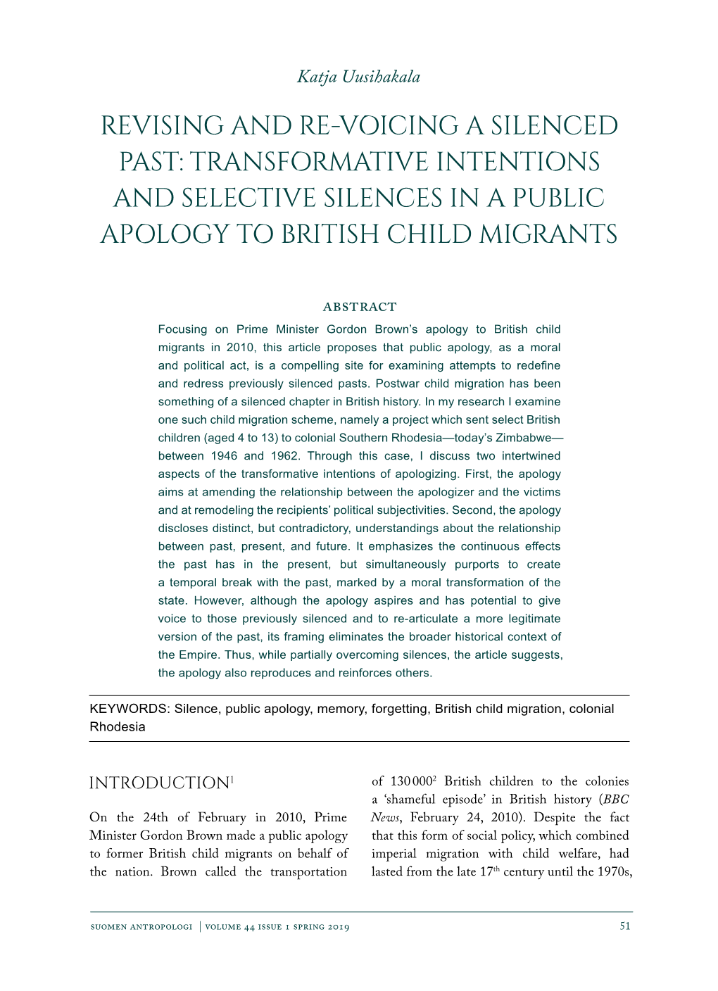 Transformative Intentions and Selective Silences in a Public Apology to British Child Migrants