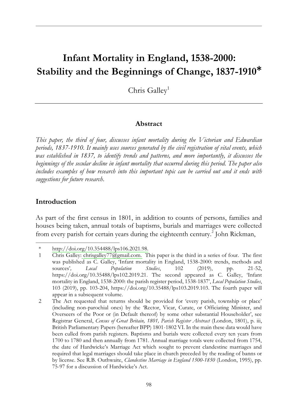 Infant Mortality in England, 1538-2000: Stability and the Beginnings of Change, 1837-1910*