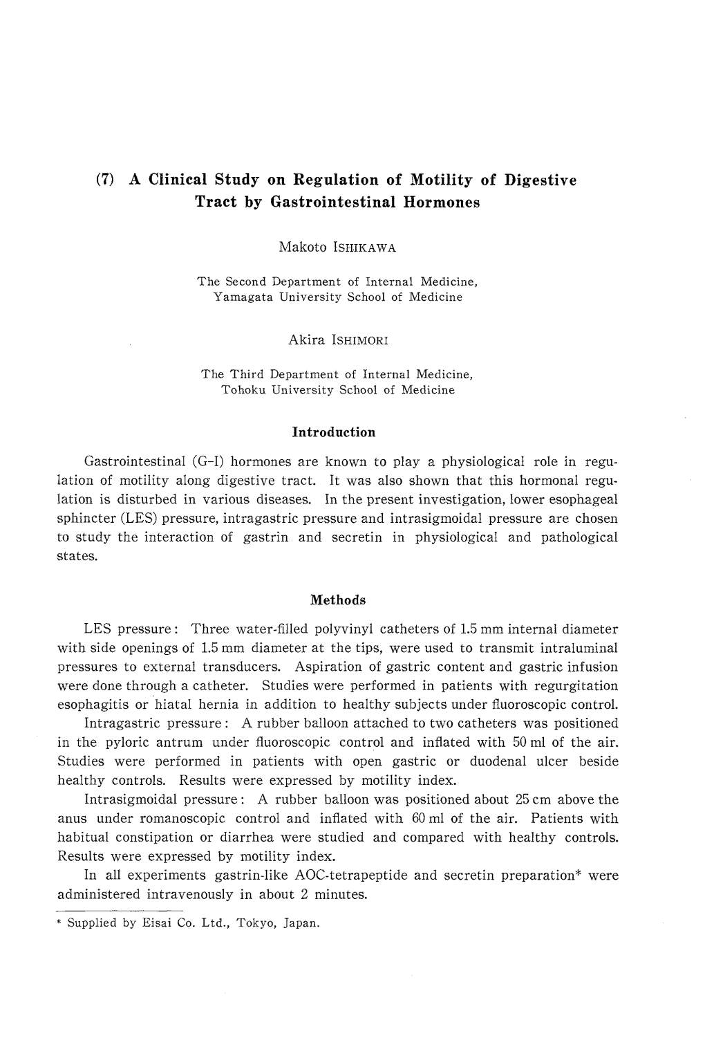 (7) a Clinical Study on Regulation of Motility of Digestive Tract by Gastrointestinal Hormones