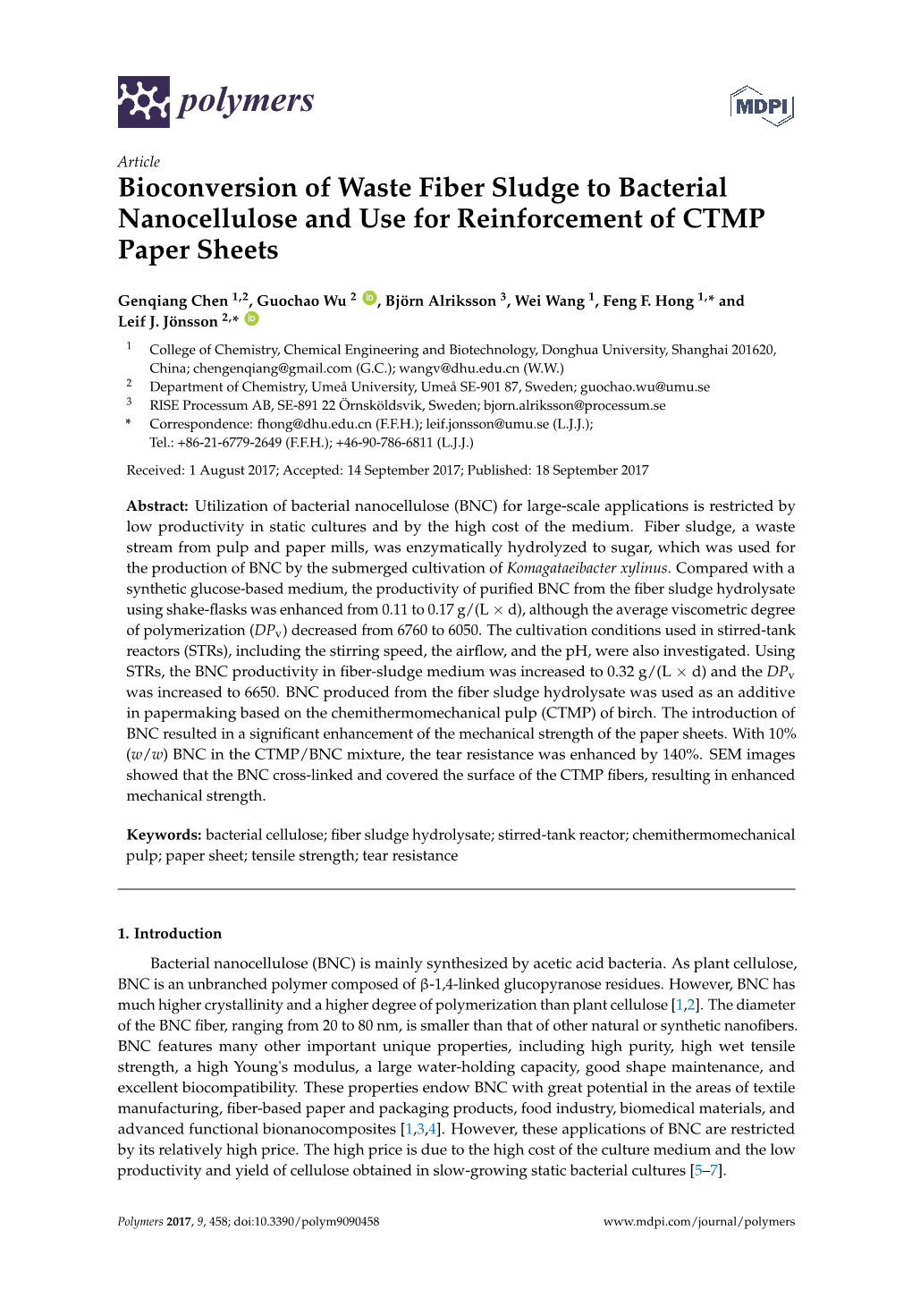 Bioconversion of Waste Fiber Sludge to Bacterial Nanocellulose and Use for Reinforcement of CTMP Paper Sheets