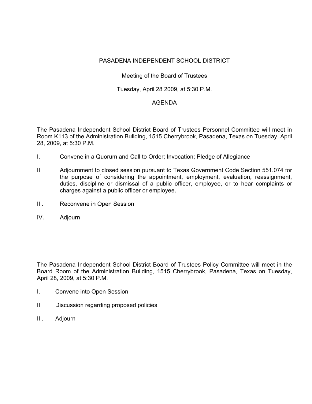 PASADENA INDEPENDENT SCHOOL DISTRICT Meeting of The