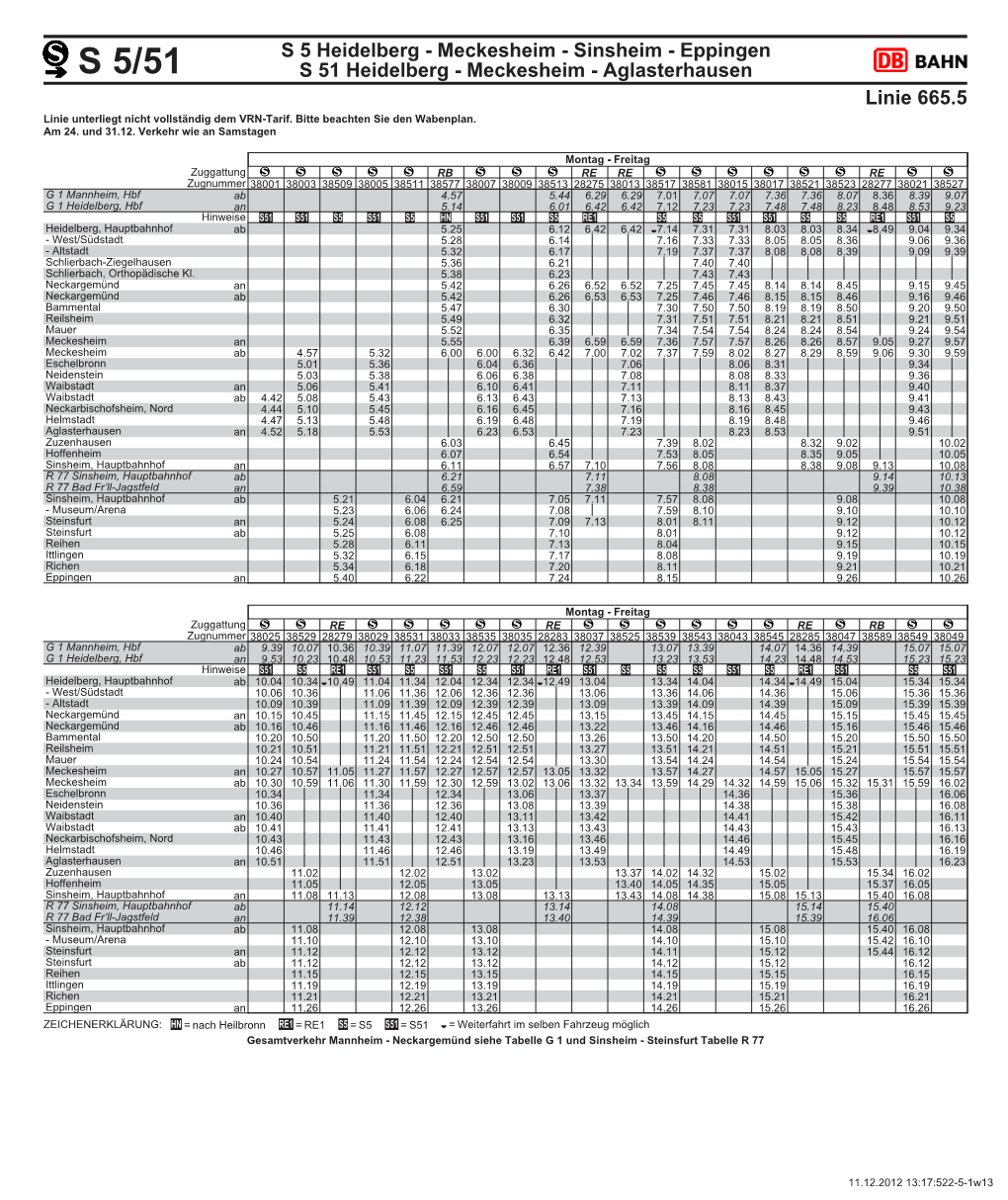 S 5/51 S 51 Heidelberg - Meckesheim - Aglasterhausen Linie 665.5 Linie Unterliegt Nicht Vollständig Dem VRN-Tarif