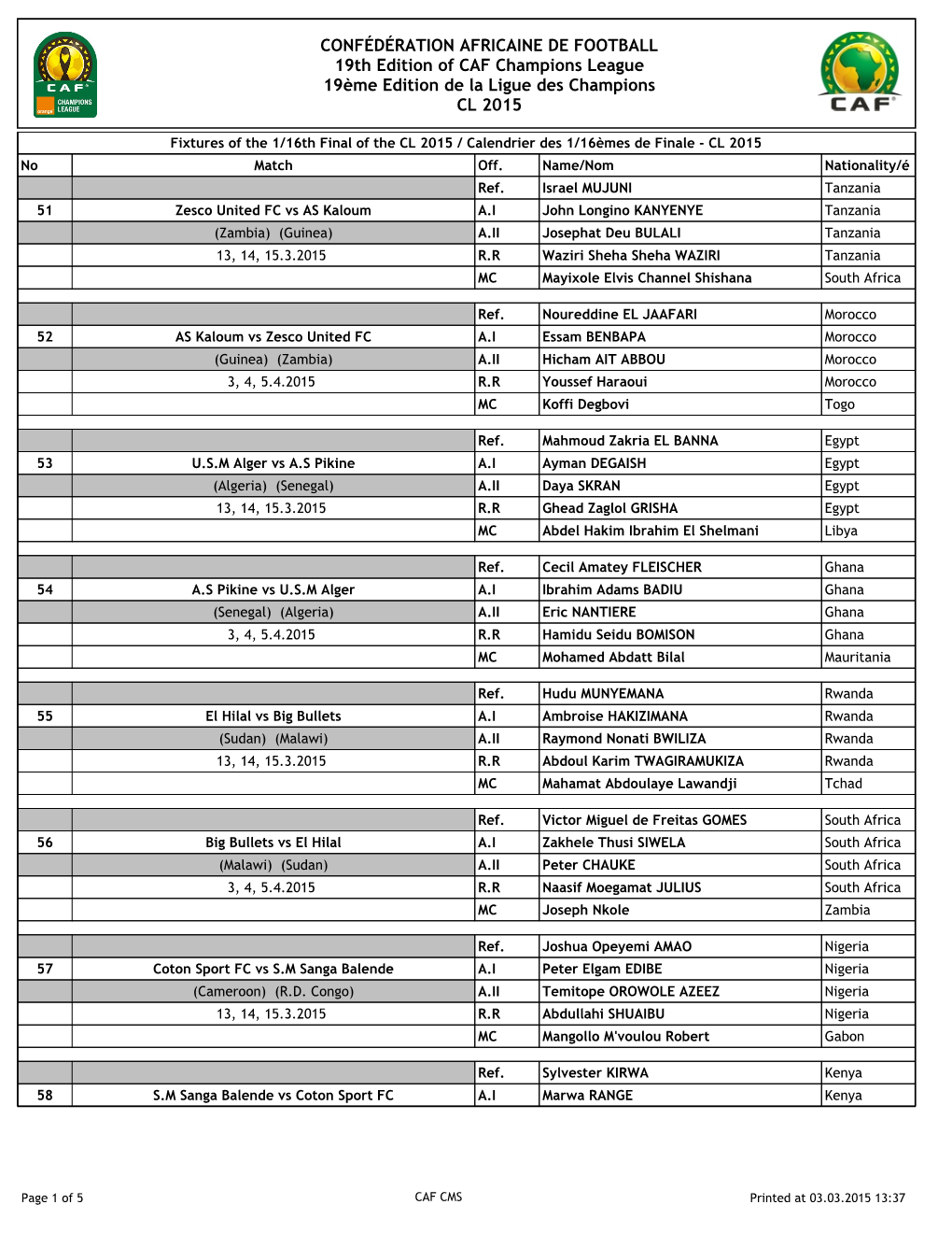 CONFÉDÉRATION AFRICAINE DE FOOTBALL 19Th Edition of CAF Champions League 19Ème Edition De La Ligue Des Champions CL 2015