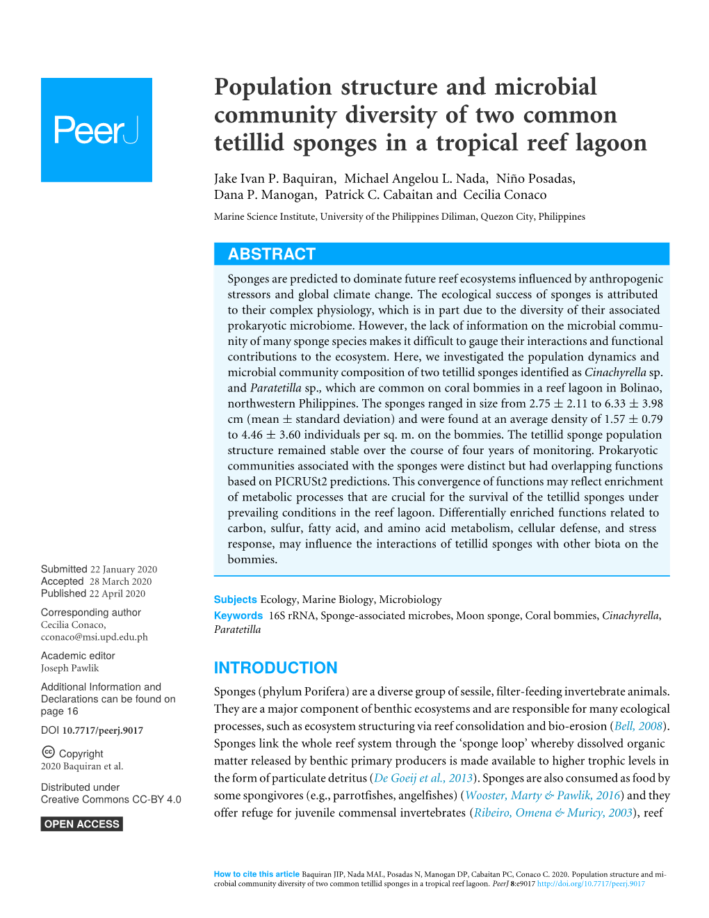 Population Structure and Microbial Community Diversity of Two Common Tetillid Sponges in a Tropical Reef Lagoon