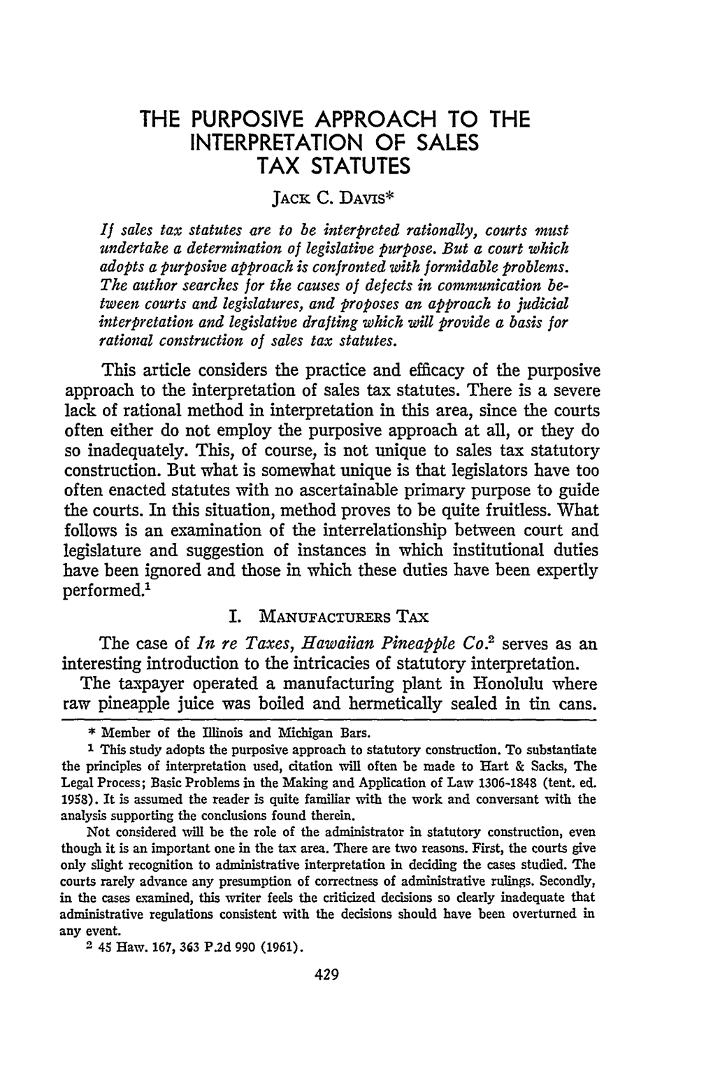 Purposive Approach to the Interpretation of Sales Tax Statutes Jack C