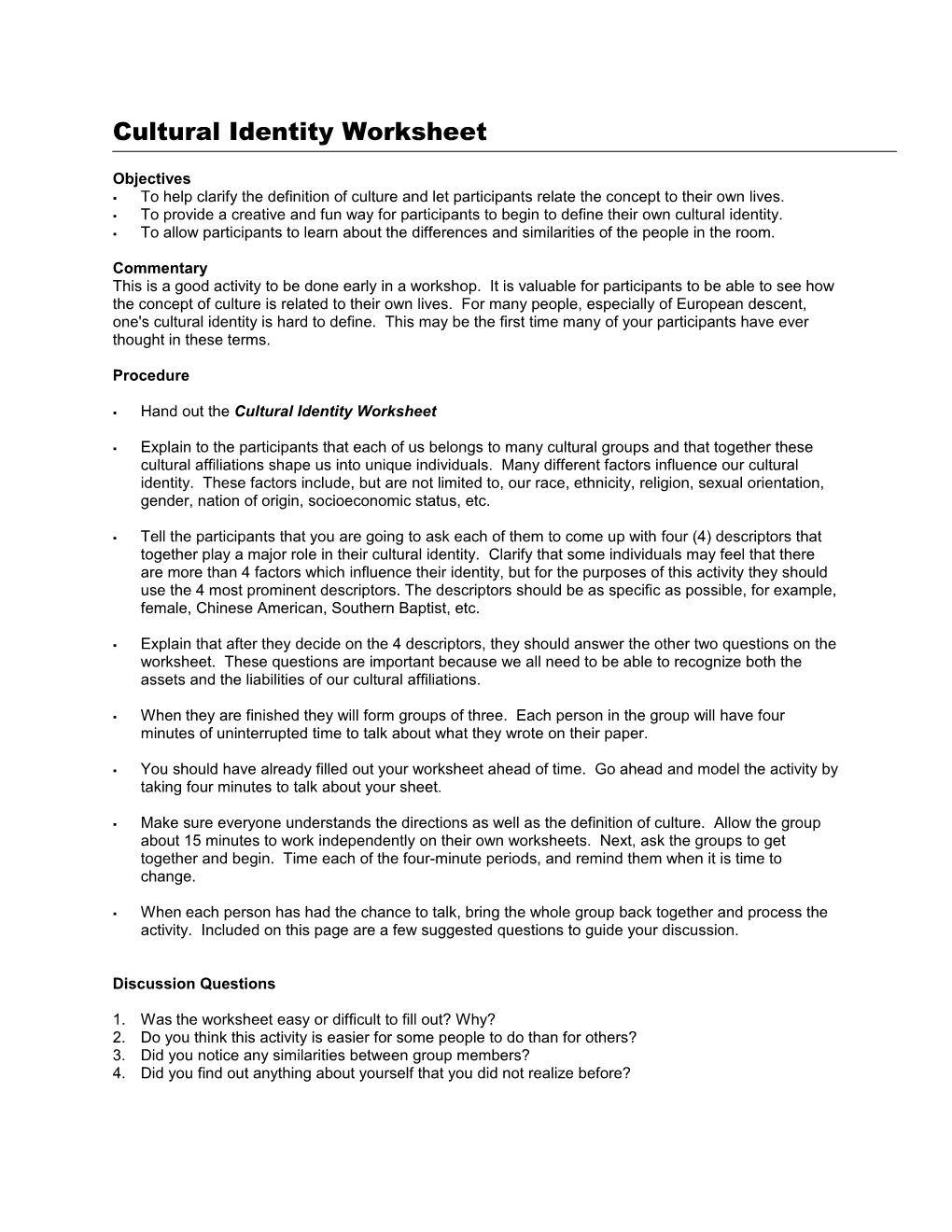 Cultural Identity Worksheet