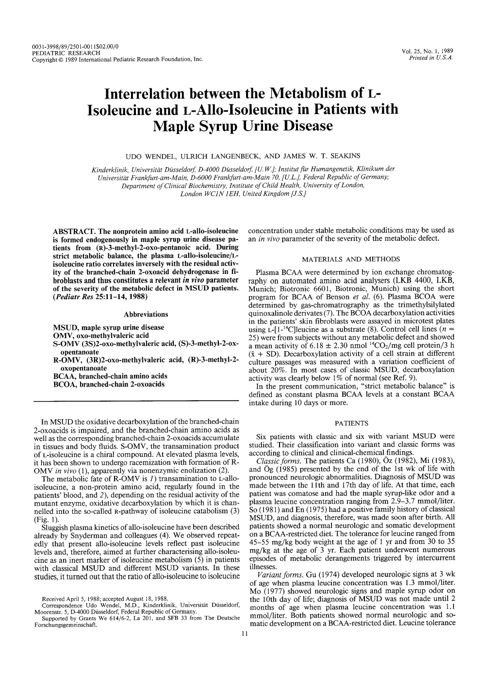 Isoleucine and L-Allo-Isoleucine in Patients with Maple Syrup Urine Disease