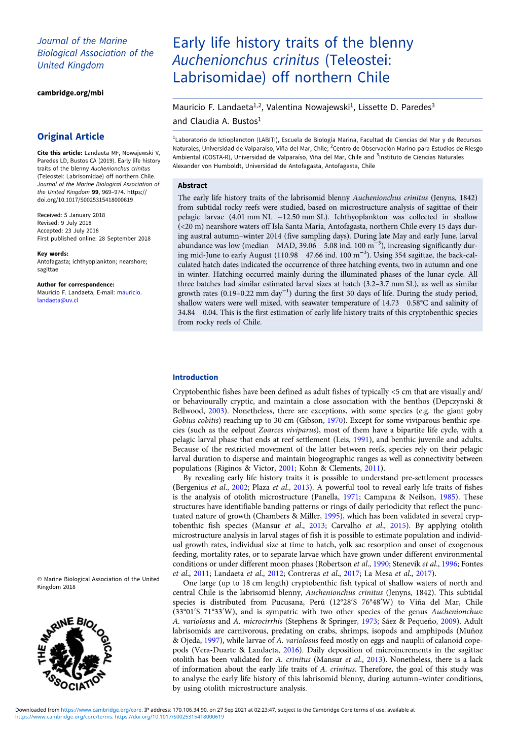 Early Life History Traits of the Blenny Auchenionchus Crinitus (Teleostei: Labrisomidae) Off Northern Chile