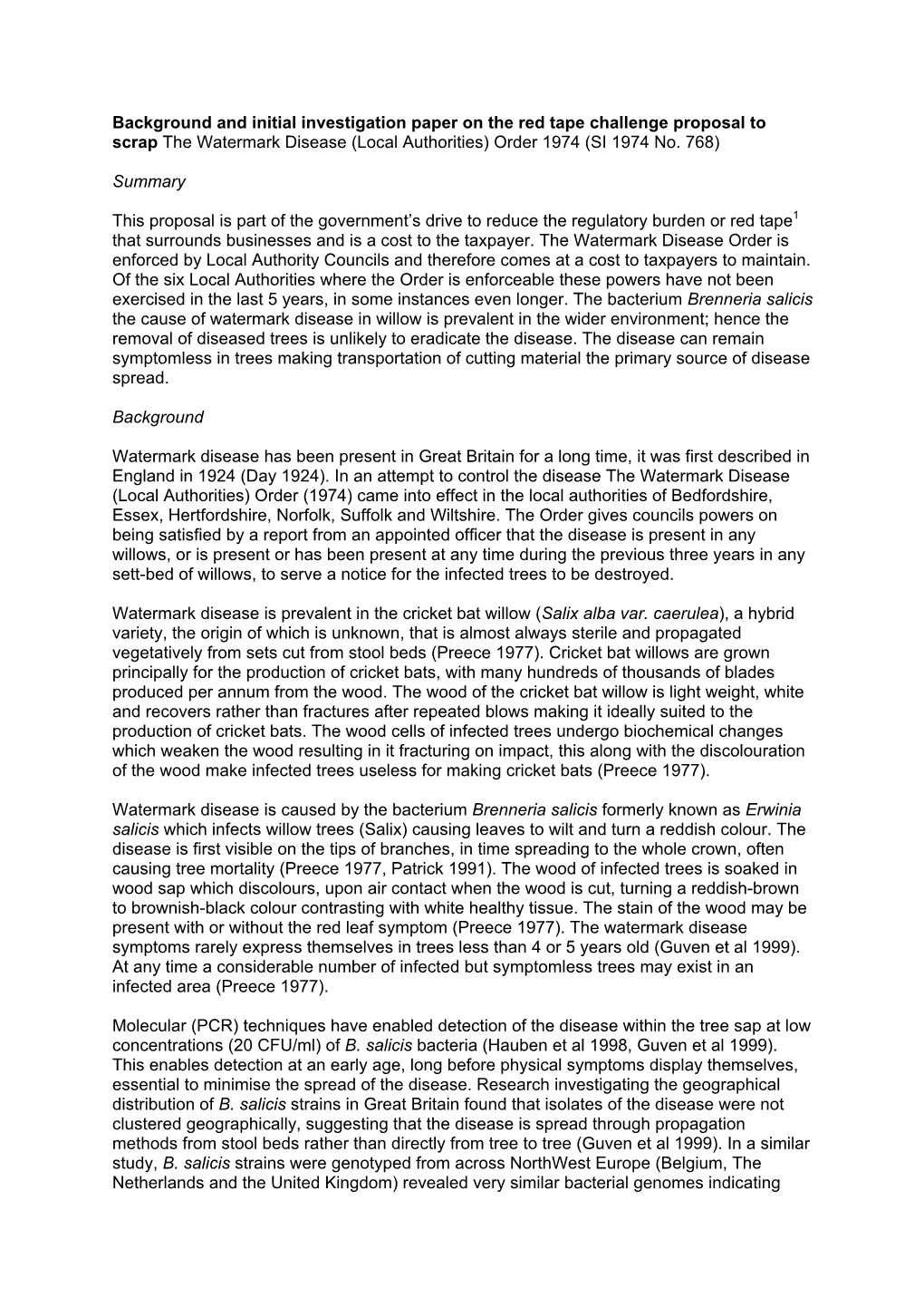 Background and Initial Investigation Paper on the Red Tape Challenge Proposal to Scrap the Watermark Disease (Local Authorities) Order 1974 (SI 1974 No