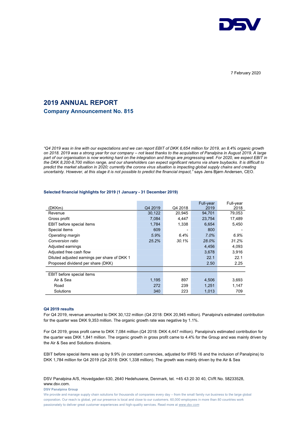 2019 ANNUAL REPORT Company Announcement No