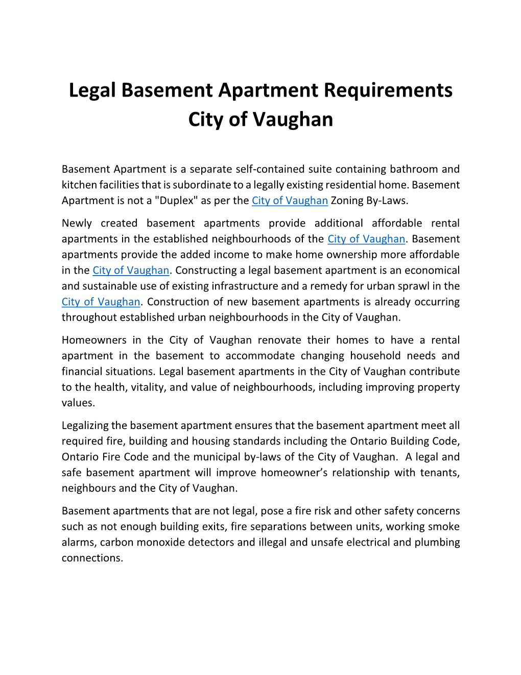 Legal Basement Apartment Requirements City of Vaughan