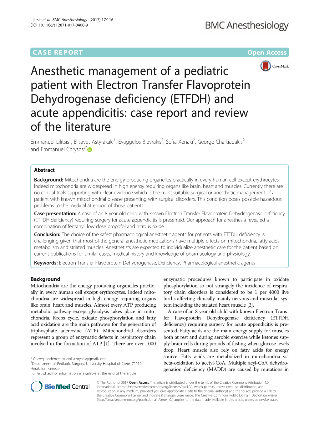 Anesthetic Management of a Pediatric Patient with Electron Transfer