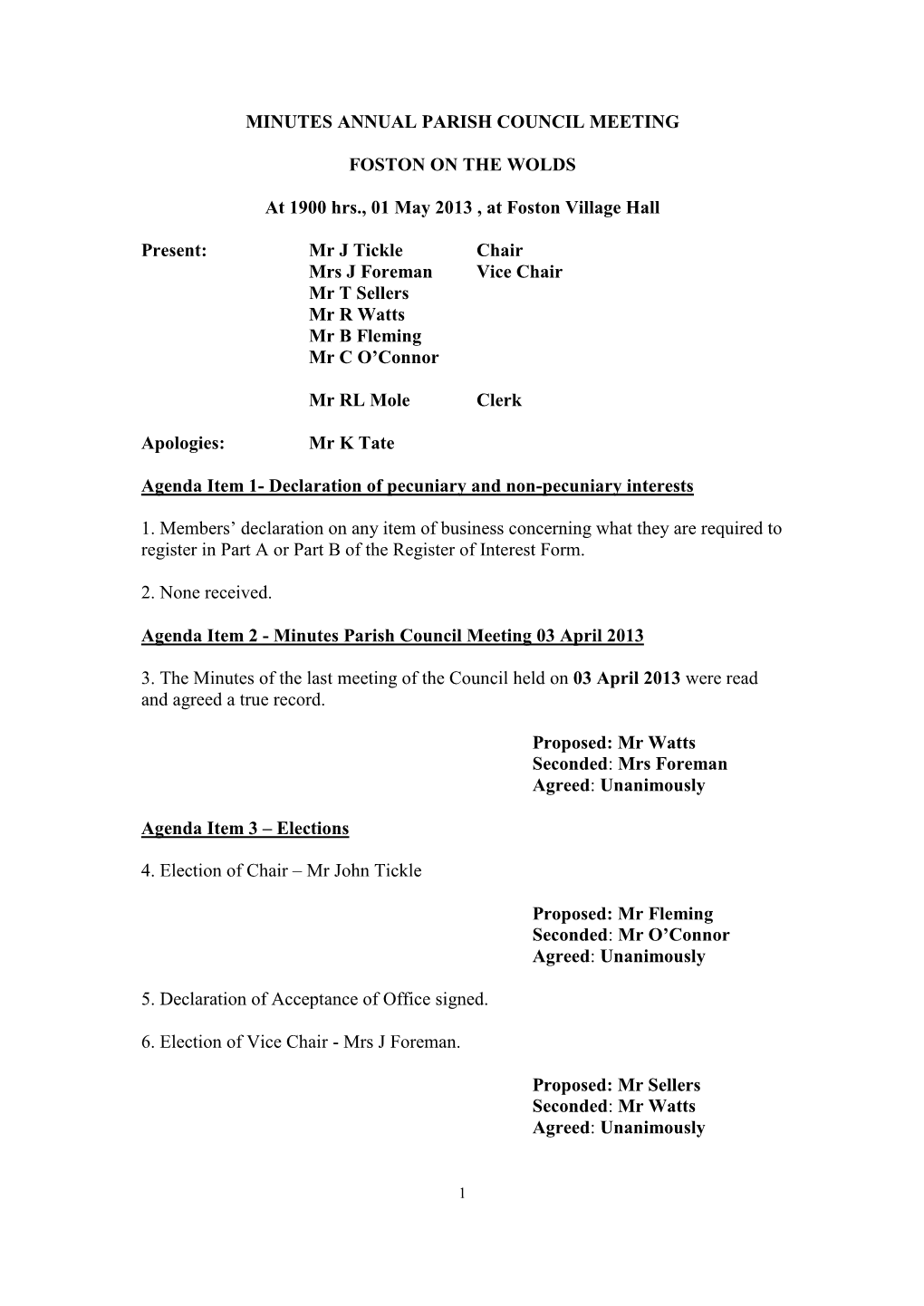 Minutes of Parish Council Meeting