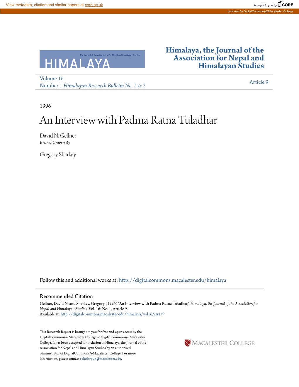 An Interview with Padma Ratna Tuladhar David N