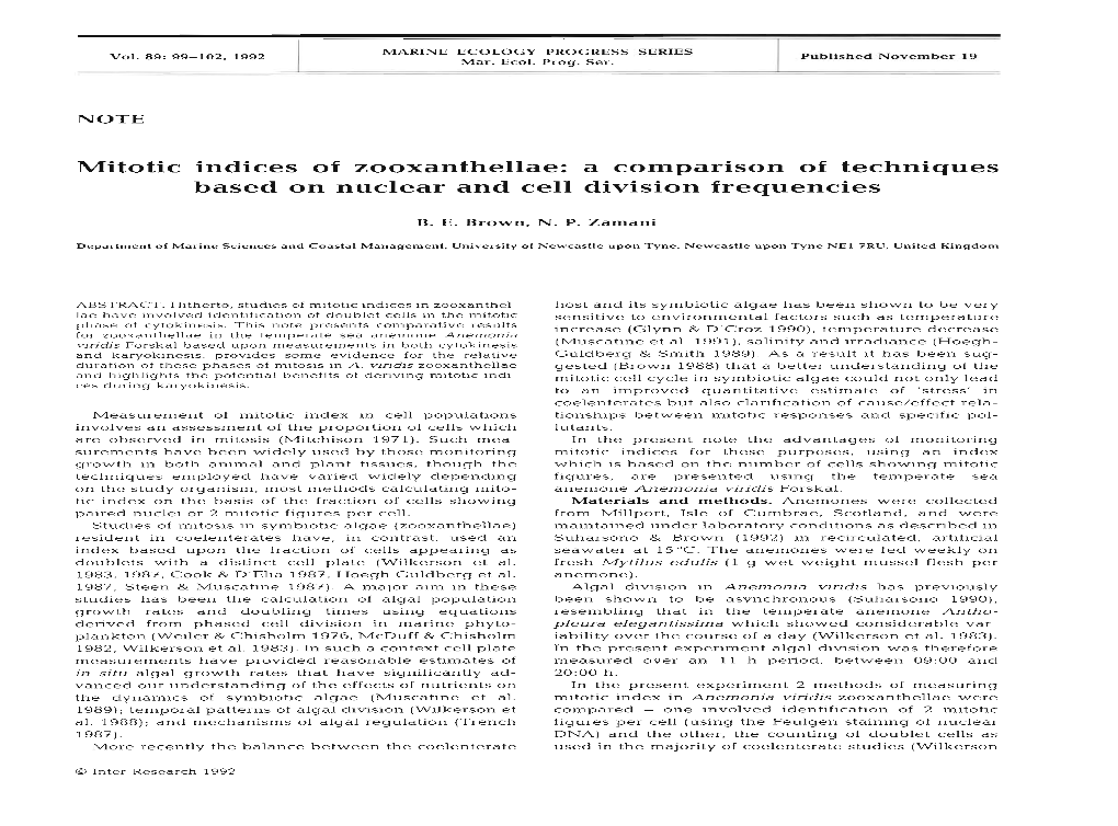 Mitotic Indices of Zooxanthellae: a Comparison of Techniques Based on Nuclear and Cell Division Frequencies