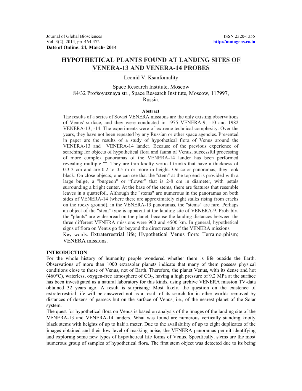 HYPOTHETICAL PLANTS FOUND at LANDING SITES of VENERA-13 and VENERA-14 PROBES Leonid V