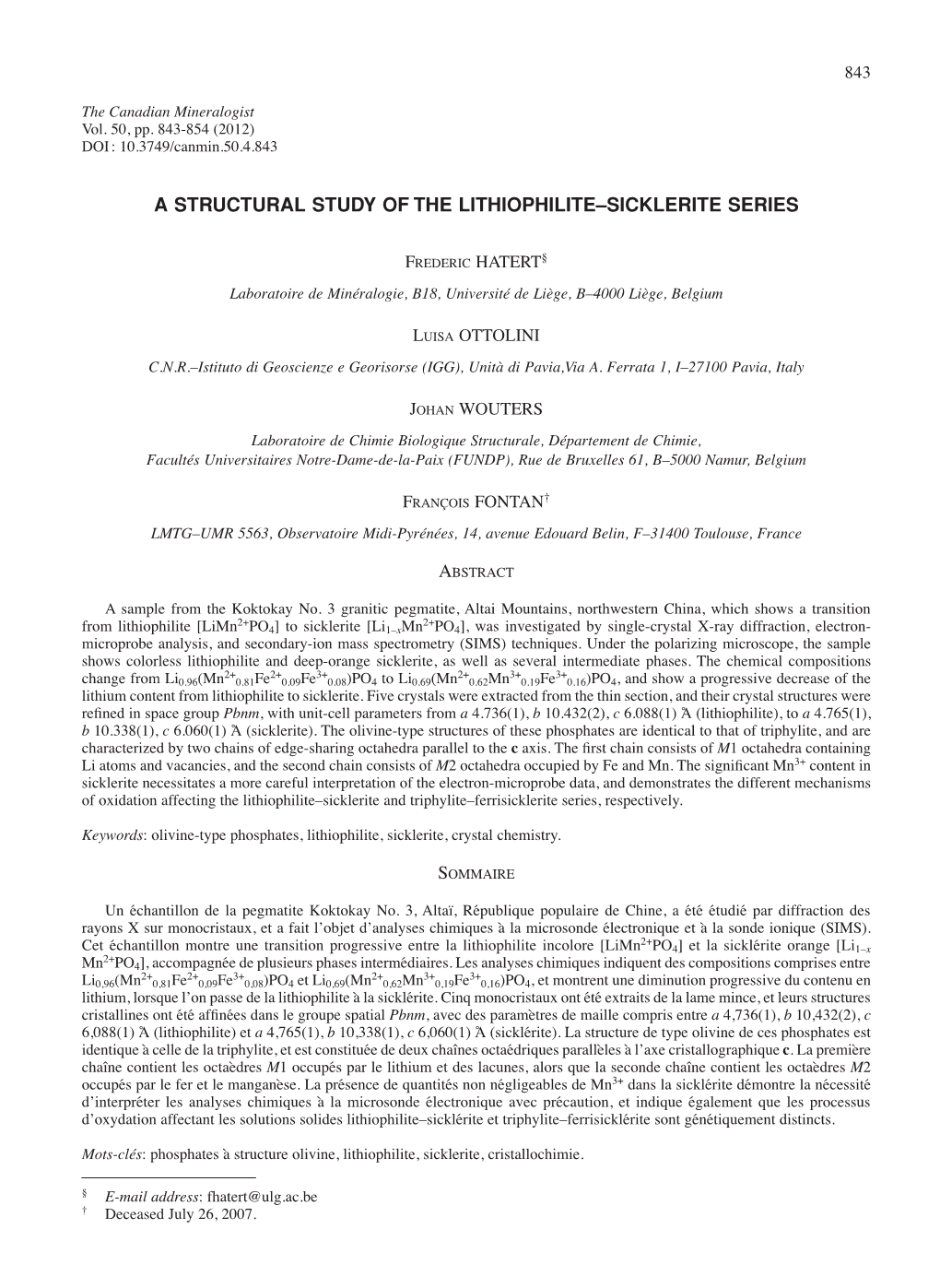 A Structural Study of the Lithiophilite–Sicklerite Series